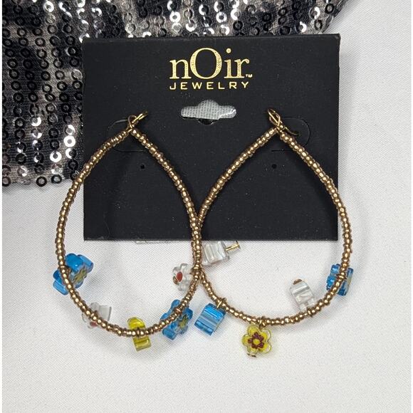 nOir Gold Bead and Flower Petal Hoop Earrings - Picture 3 of 6